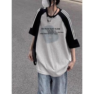 夏季美式高街重磅纯棉三条杠织带插肩撞色男女短袖T恤CZ177-特P25图片