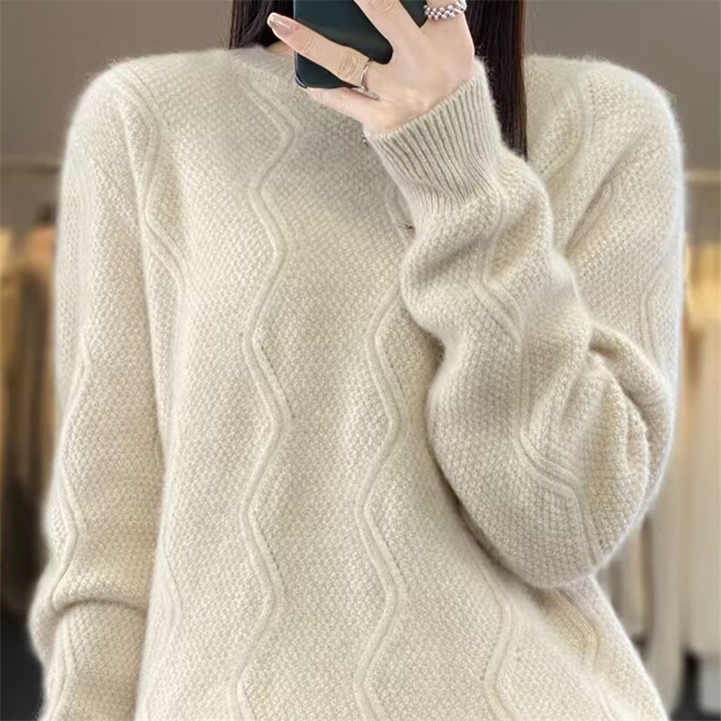 加厚半高领100%纯羊毛衫女扭花长袖针织毛衣宽松慵懒羊绒衫打底衫,针织衫/毛衣,萱芳婷羊绒