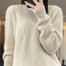 加厚半高领100%纯羊毛衫女扭花长袖针织毛衣宽松慵懒羊绒衫打底衫，女装针织衫/毛衣，萱芳婷羊绒