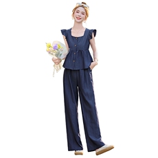 2025夏季新款法式复古气质飞袖减龄衬衫阔腿裤洋气显瘦牛仔两件套，女装套装/套裙，悠米