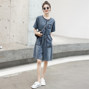 时尚显瘦牛仔连体裤女夏季新款宽松高腰短袖休闲裤百搭学生装图片