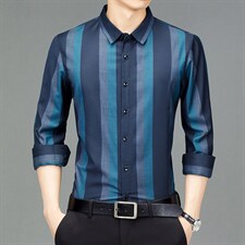 条纹衬衫男长袖2023秋季新款中年商务休闲休闲男士宽松免烫衬衣，男装衬衫，电商B212（原钱塘6029）
