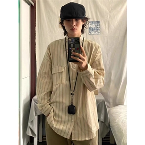 美式复古条纹长袖衬衫男女春秋冬季宽松衬衣外套CSA385-P43图片