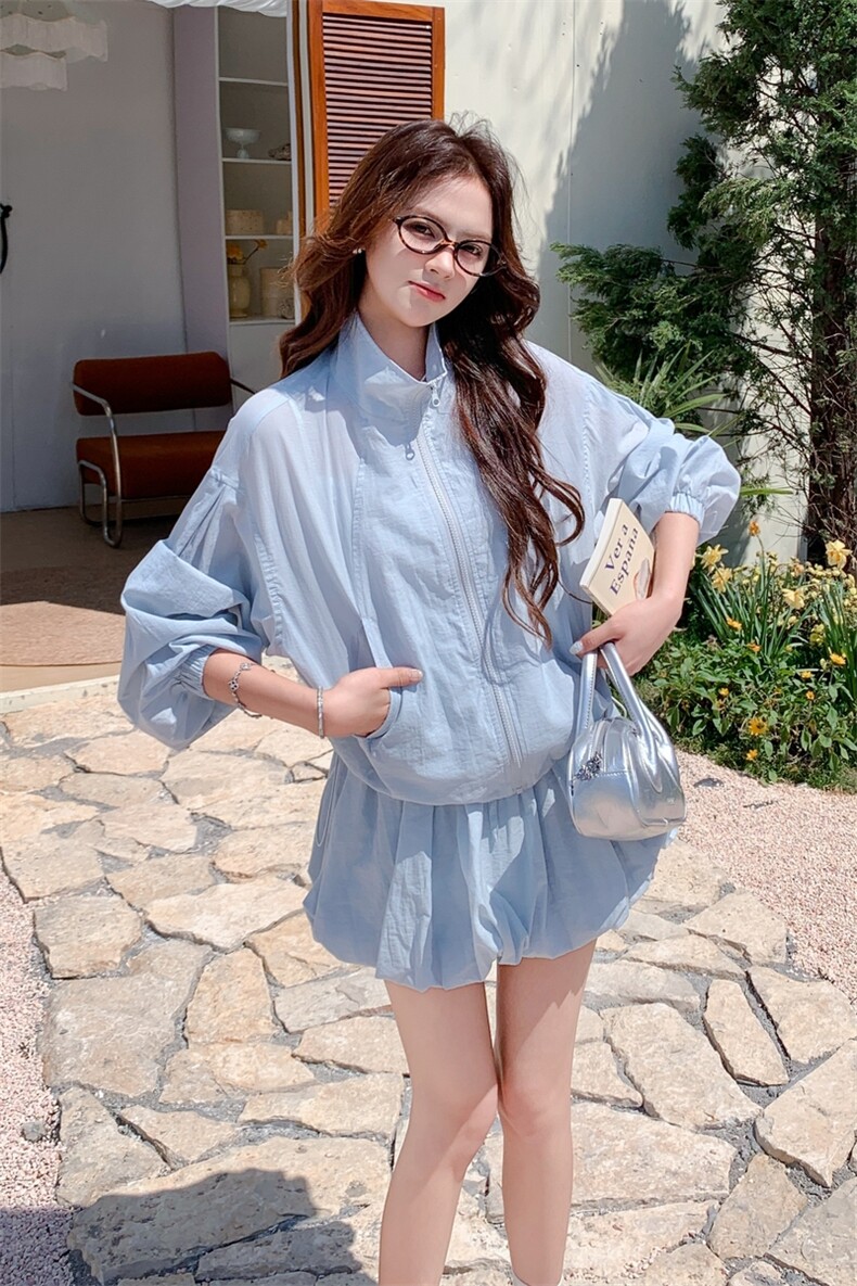韩版小众设计感立领拉链短款防晒外套松紧腰花苞半身裙女,女装防晒衣,2C086