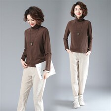 2021新品长袖打底衫女宽松大码显瘦上衣纯色高领百搭潮流T恤+,女装T恤,涵誉