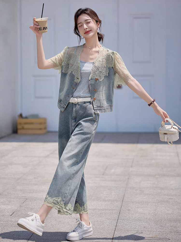 小香风蕾丝套装女2025夏日新款小个子时尚巨好看天丝牛仔两件套裤,女装套装/套裙,仟媚宠