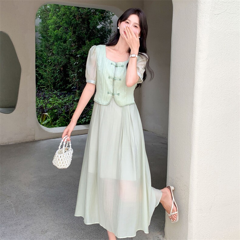 现货新中式气质假两件套连衣裙女2024夏季新款复古元素改良旗袍，女装连衣裙，网红馆