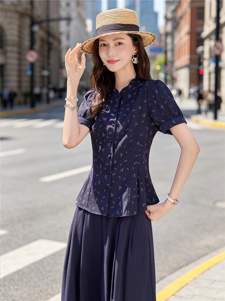 碎花小立领收腰小衫配阔腿裤时尚清新田园风两件套,女装套装/套裙,水衣源