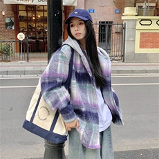 A274-P120秋冬新款双层内里长毛呢格纹外套设计感宽松连帽上衣，女装短外套，星座911