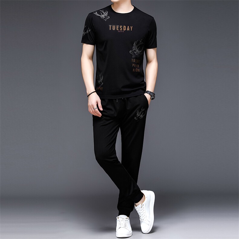YS-X335夏季男式短袖长裤短裤三件套运动休闲套头修身T恤套装P132图片
