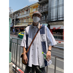 S66-P34日系复古薄款条纹拼接撞色工装短袖衬衫图片
