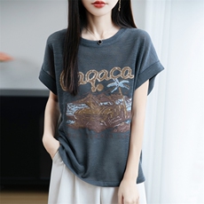 夏季新款简约竹节麻印染短袖女宽松百搭显瘦上衣时尚休闲T恤，女装T恤，贵皇网供仓