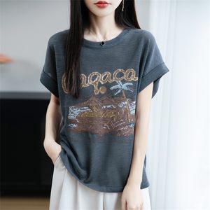 夏季新款简约竹节麻印染短袖女宽松百搭显瘦上衣时尚休闲T恤图片