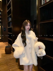 【依嘟】千金风真狐狸毛皮草羊毛蝴蝶结斗篷单排扣羊毛外套(配可，女装双面呢大衣，依嘟服饰