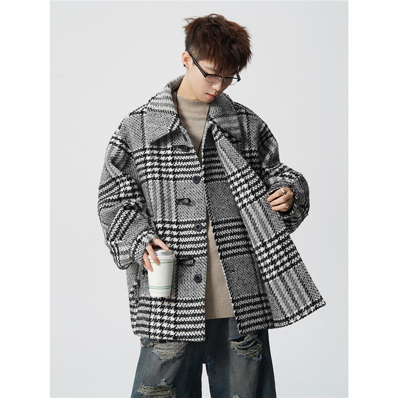 羊毛呢子加棉加厚棉衣宽松格子设计感翻领棉服A170-N62-P158,男装棉衣,电商A170
