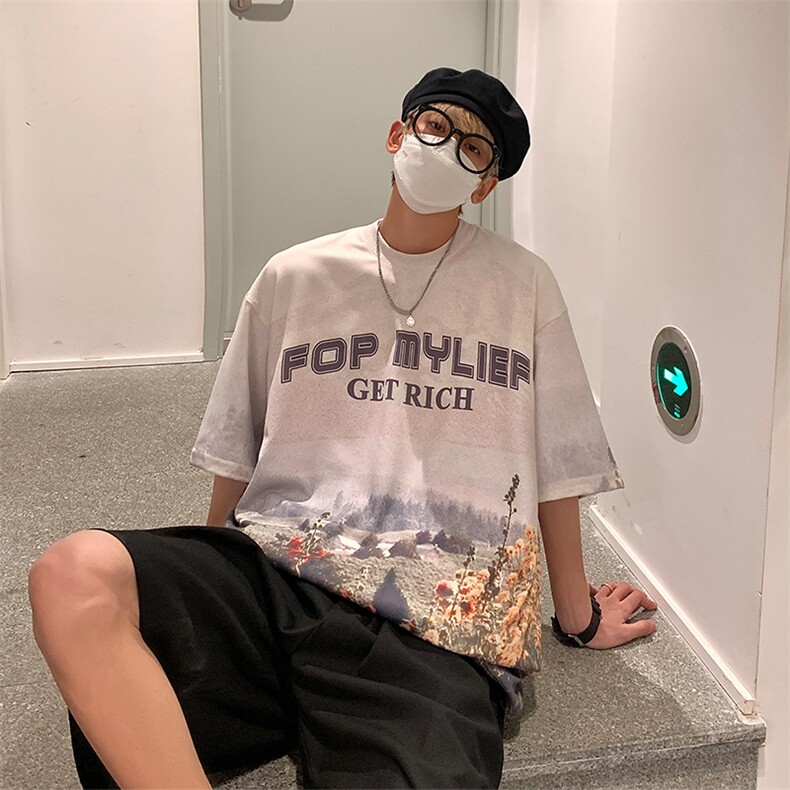 2023夏新款港风满版图案印花宽松圆领短袖T恤上衣T2225-P40,男装T恤,星座914-3