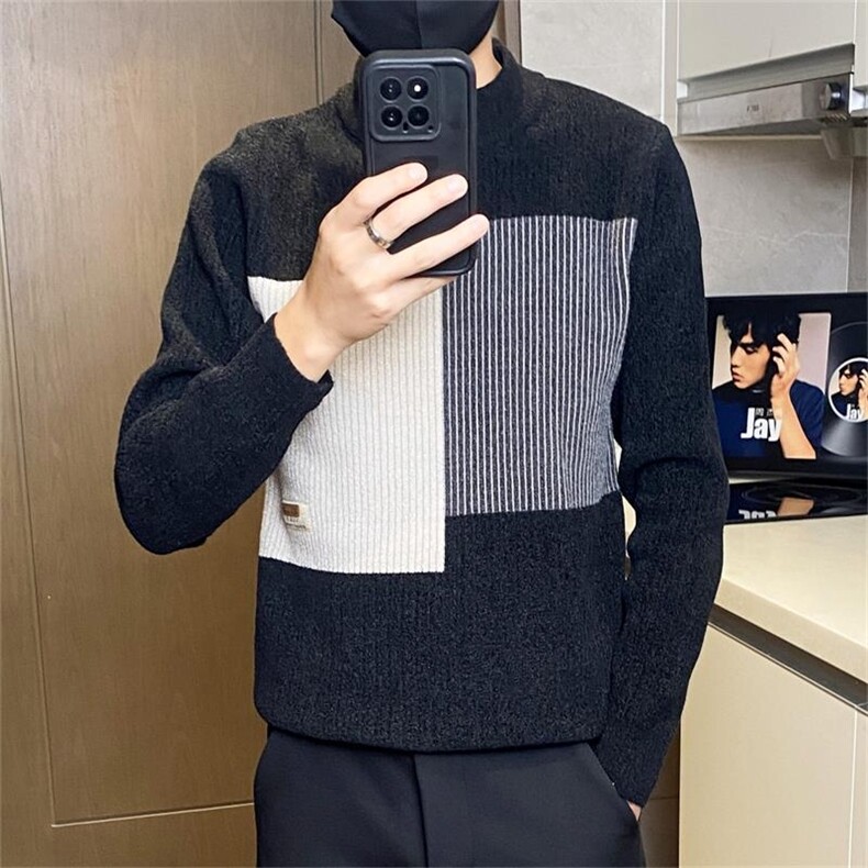 83909-特P50秋冬季撞色毛衣保暖针织韩版修身打底衫冬装潮牌，男装T恤，电商D310B-1
