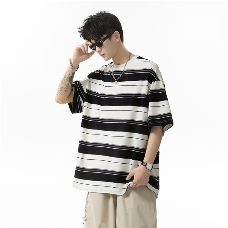 夏季潮流条纹宽松圆领短袖T恤男女百搭上衣T3602-P30【特价】,男装T恤,电商A007