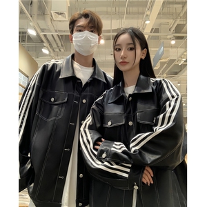 港风秋装美式织带夹克复古情侣PU皮衣休闲工装外套男G1067P108,水貂绒外套女白色如何搭配图片