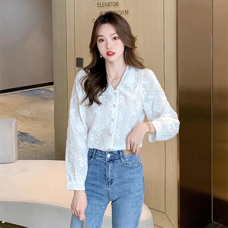 2021秋季新款韩版超仙甜美娃娃领长袖蕾丝打底衫显瘦衬衣上衣女,女装蕾丝衫/雪纺衫,潮品会