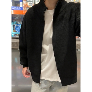 灰色双头拉链开衫毛衣男秋冬穿搭高级感慵懒风立领针织衫情侣外套图片