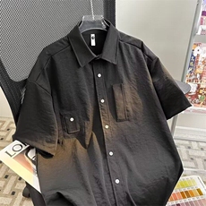 白色工装短袖衬衫男夏季款日系复古cleanfit宽松休闲翻领衬衣外套，男装T恤，星座601-1