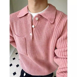 现货 MY57-P80 粉色宽松百搭口袋polo领长袖毛衣针织衫男女图片