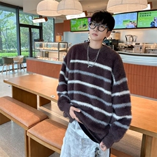 水貂绒条纹毛衣男冬季加厚慵懒风外套秋冬款韩系马海毛针织衫7170，男装针织衫/毛衣，星座506