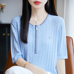 2025夏季新款精纺羊毛绞花半拉链短袖女图片