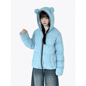1506A/G79170/P92可爱蓝色星星印花小熊耳朵连帽棉服外套女冬季保图片