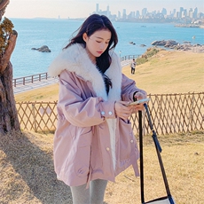 韩系chic毛领粉色羽绒棉服女冬超火好看高级小众加厚棉衣棉袄外套，女装派克服，2D078