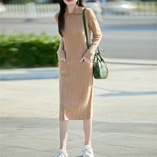 秋冬新款翻领中长款纯羊毛连衣裙女POLO领长袖针织过膝毛衣长裙，女装连衣裙，哲奥羊绒