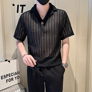 店主风社会小伙男士镂空V领短袖Polo衫翻领T恤男301A-1/PL98/P48图片