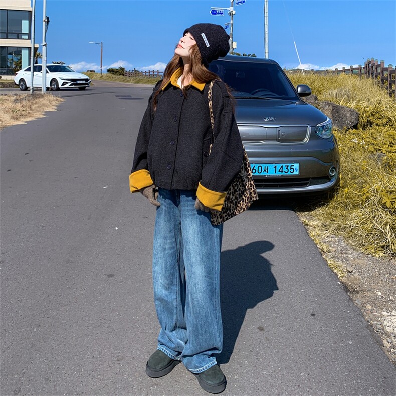 韩版撞色拼接外套女2025年秋冬季新款设计感小众时尚宽松毛呢上衣,女装短外套,2C305