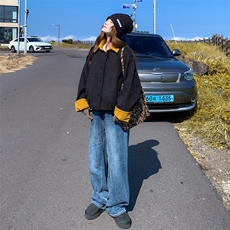 韩版撞色拼接外套女2025年秋冬季新款设计感小众时尚宽松毛呢上衣，女装短外套，2C305