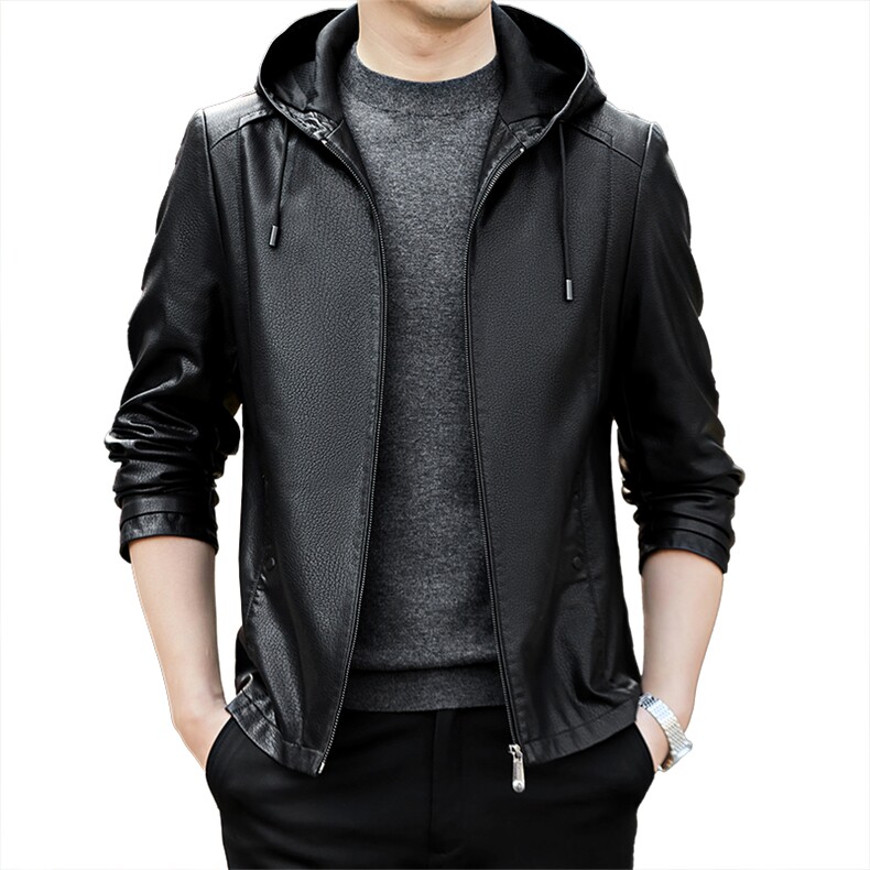 皮衣男士宽松连帽机车服上衣春秋季新款休闲皮夹克外套(加绒150元,男装夹克,钱塘6003（原4033）