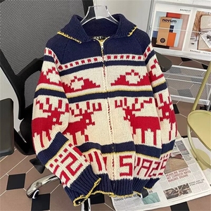 圣诞红色费尔岛拉链毛衣外套男女秋冬加厚慵懒风针织开衫,大红外套搭配什么颜色打底衫图片