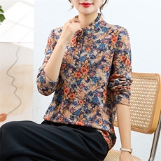 妈妈秋冬碎花打底衫女2024新款时尚洋气立领加绒加厚长袖t恤，女装大码女装，奕阳依阁