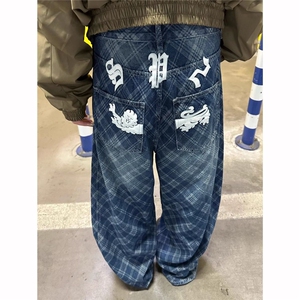美式格子弯刀牛仔裤男女秋潮牌微喇长裤高街宽松阔腿裤子ZN53 P58图片