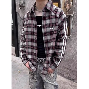 复古蓝色格子衬衫外套男女慵懒风宽松休闲松弛感衬衣外套 CS920图片