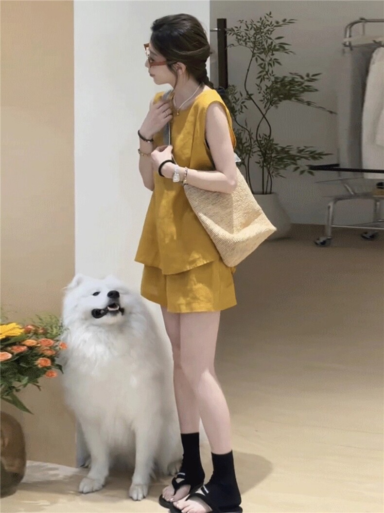 高级感时尚潮流套装女夏新款宽松纯色圆领无袖上衣阔腿短裤两件套,女装套装/套裙,江南
