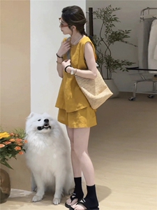 高级感时尚潮流套装女夏新款宽松纯色圆领无袖上衣阔腿短裤两件套图片