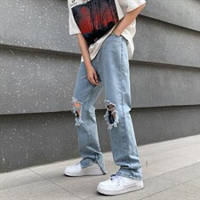 美式高街vibe破洞牛仔裤男2022嘻哈潮牌直筒宽松阔腿裤 K3217-P38图片