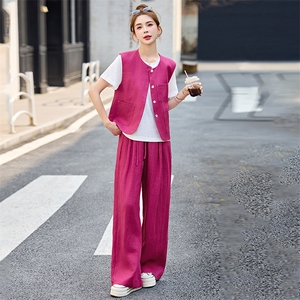 2025夏季新款纯色马甲玫红色三件套阔腿长裤T恤女装高档透气麻料图片