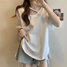 大码黑色v领正肩短袖t恤女2025夏装胖mm显瘦遮肚子宽松设计感上衣，女装T恤，星座506A