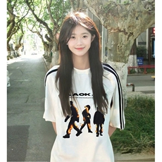 抖音得物高品质二开240克宽松纯棉美式潮牌三条杠织带短袖T恤，男装T恤，电商A486-1