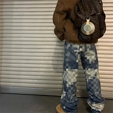马赛克棋盘格拼接牛仔裤男款美式复古vibe裤子直筒修身微喇裤，男装牛仔裤，星座506A