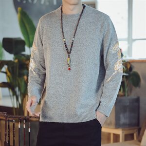 9056*咖啡厅中国风男士秋冬麒麟绣花毛衣针织衫男 黑色全身 *P75图片