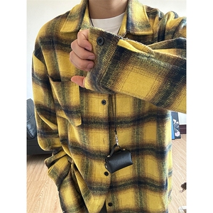 380G黄色磨毛秋冬新款格纹翻领衬衫加厚磨毛格子外套CS318-P45图片