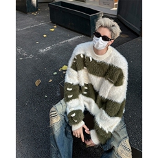 针织衫男韩版潮流条纹拼色宽松百搭2024秋冬ins毛衣外套MZ485-P56，男装针织衫/毛衣，星座412-2